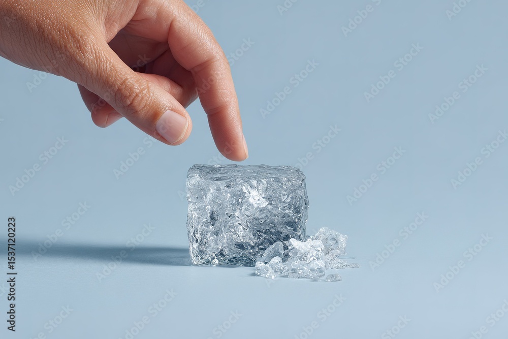 Aufkleber hand gently touches a clear ice cube on a smooth surface, capturing a moment of interaction with col