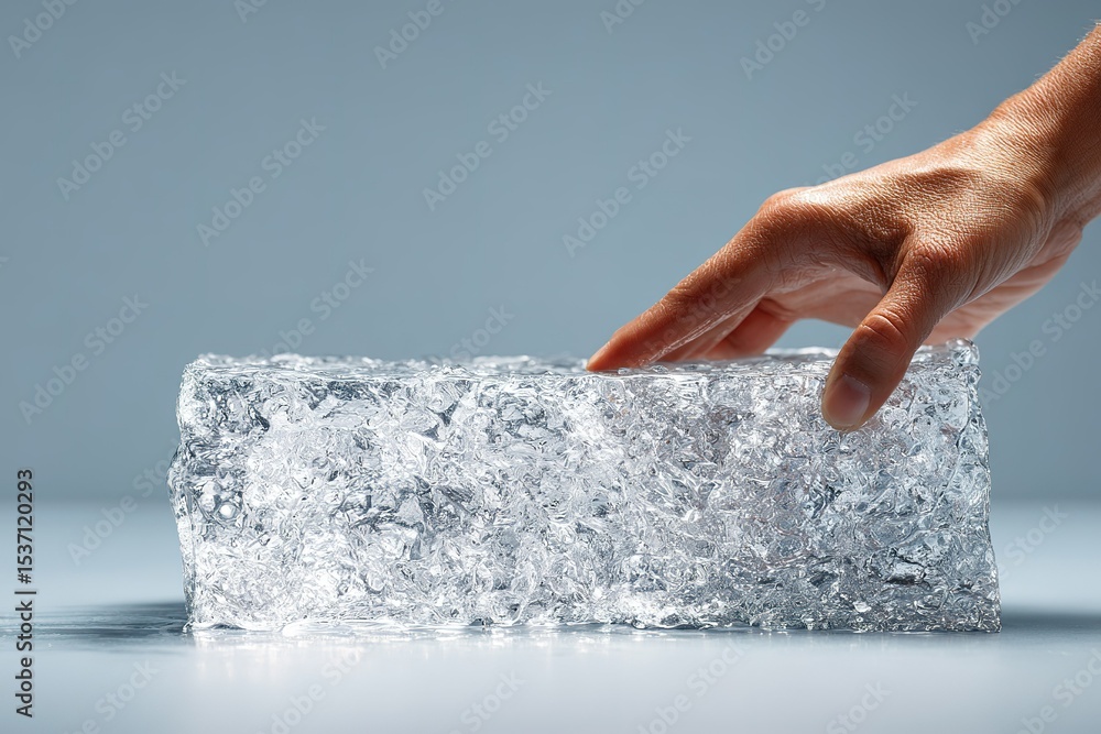 Aufkleber touching a clear ice block in a minimalistic setting during bright daylight