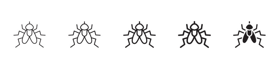 Fly insect icons in black outline, solid and colored style