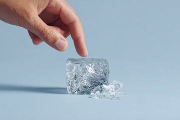 Hand gently touches a clear ice cube on a smooth surface, capturing a moment of interaction with cold texture