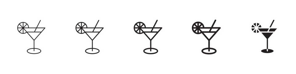 Citrus Martini glass icons in black outline, solid and colored style