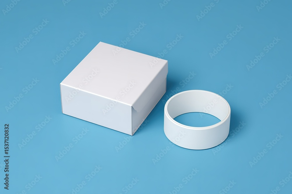 Poster minimalist packaging design featuring a white box and a circular container on a blue background