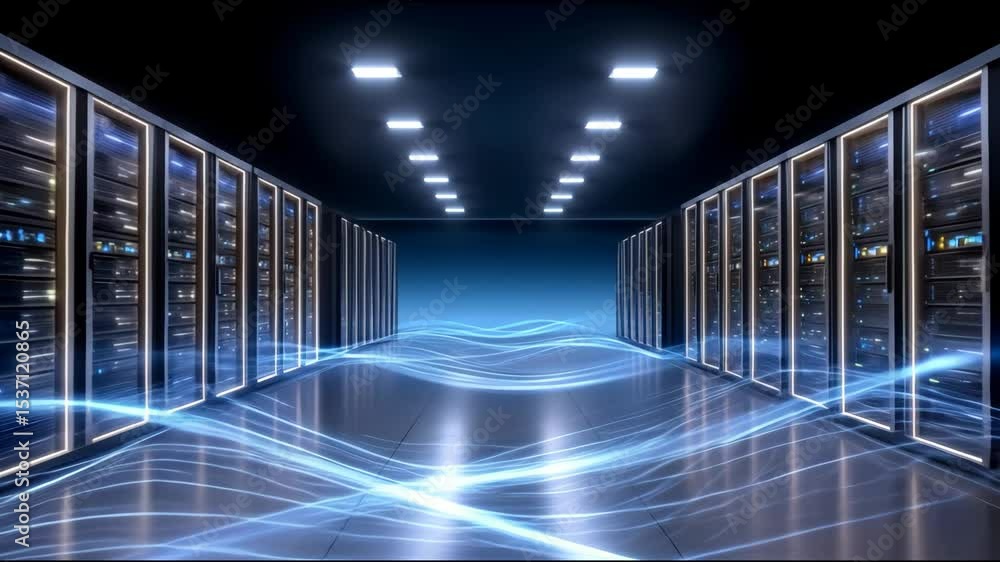 Poster futuristic data center glowing with digital blue light waves flowing through server racks in high te