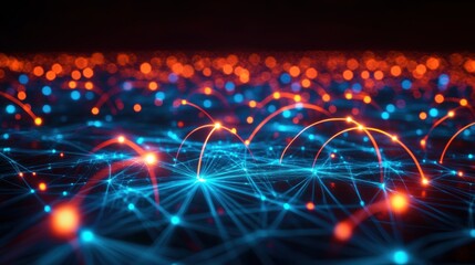 A vibrant network of interconnected nodes glowing in blue and orange hues, symbolizing digital connectivity.
