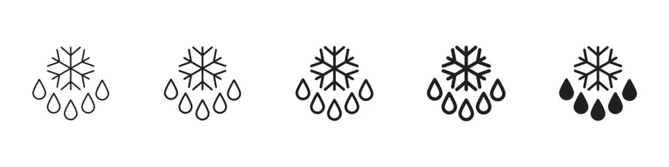 Snowflake droplets icons in black outline, solid and colored style