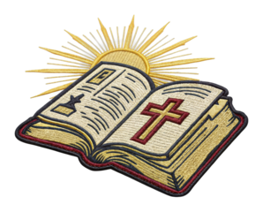 Religious symbolism in embroidery open bible with cross and sun rays craft art spiritual environment. Patch concept png