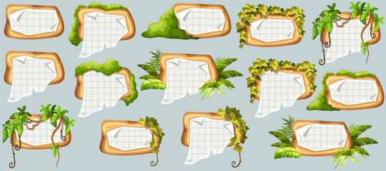 Wooden signboards with old paper, stems ivy, liana, grapes, vine, swamp moss, forest lichen. Set isolated wooden elements with blank, with ragged square graph paper, school math sheet. 
