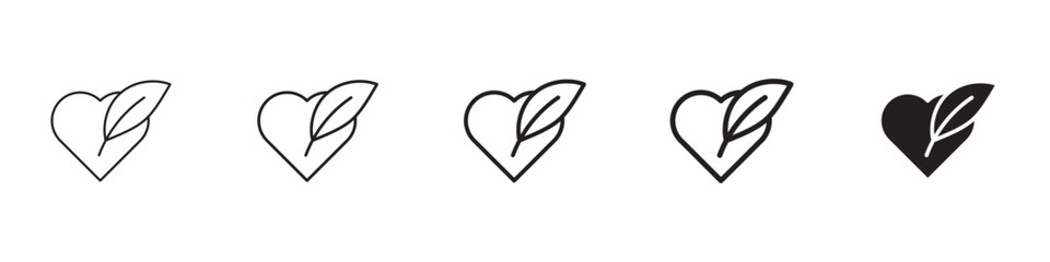 Leaf heart icons in black outline, solid and colored style