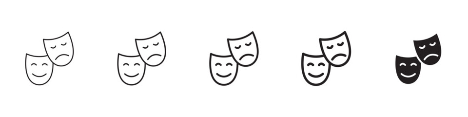 Theater masks icons in black outline, solid and colored style