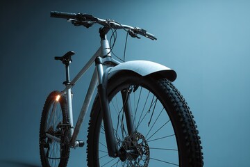 Mountain bike displayed under dramatic lighting in a studio setting at night