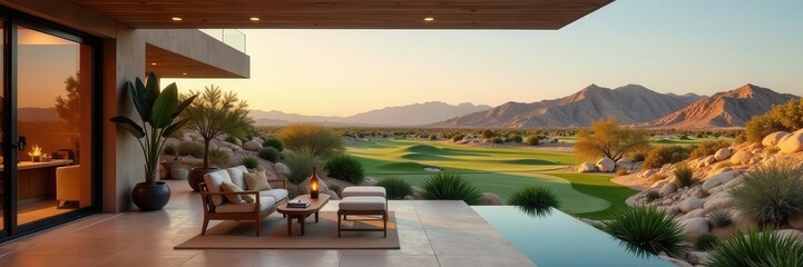 Modern desert home patio; panoramic golf course view , design, bright