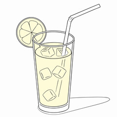 Refreshing lemonade drink with ice and lemon slice on white background