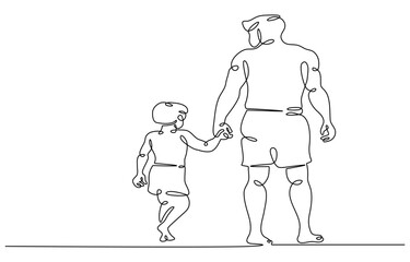 Continuous one line drawing of dad with two kids walking hand in hand, single line art vector illustration.A young male father with his son walks along the beach.