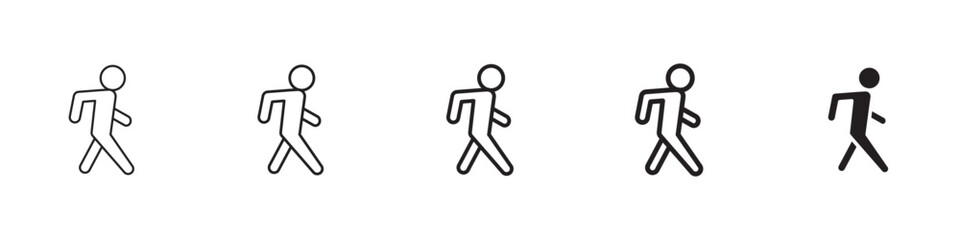Person walking icons in black outline, solid and colored style