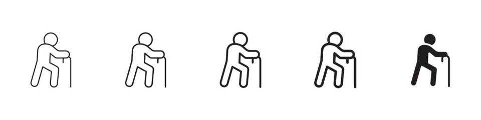 Person walking with cane icons in black outline, solid and colored style