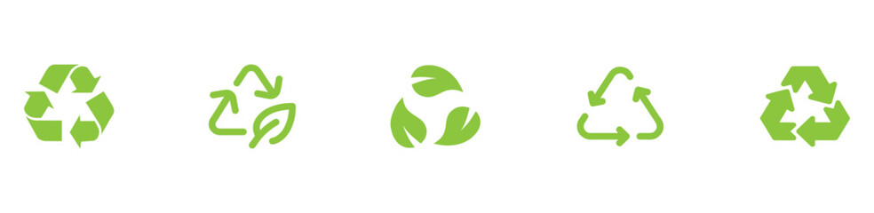 Recycle vector icon set. Arrows, heart and leaf recycle eco green symbol. Rounded angles. Recycled signs illustration isolated on white background. Recycling arrow ecofriendly. Vector Illustration. 