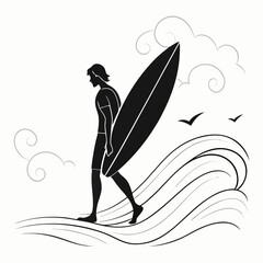 Surfer silhouette with surfboard isolated on white background