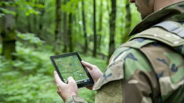 A soldier uses a tablet device to navigate through a lush forest environment, showcasing modern navigation techniques