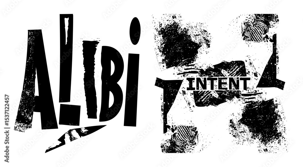 Poster vector dramatic typographic featuring alibi and intent with fingerprint textures.