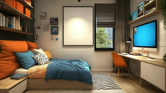 Modern children's room interior with empty white poster frame hanging on the wall, ideal for decoration, advertisement or artwork display. Mockup. Copy space.