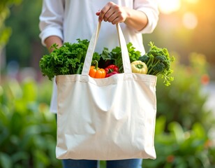 Woman holding a reusable tote bag filled with fresh organic vegetables Healthy lifestyle and sustainable living concept