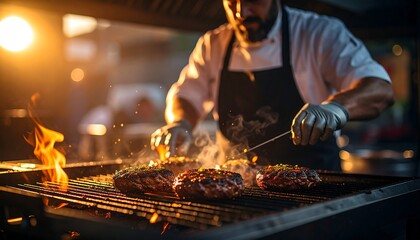 Delicious Grilled Burgers Chef Preparing Juicy Patties on a Hot Grill