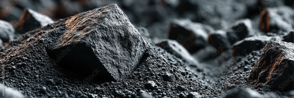 Poster black textured rocks scattered on a surface with shadows creating a detailed contrast during dayligh