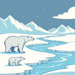Polar bear and cub arctic landscape winter scene