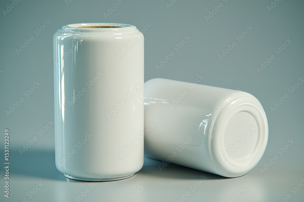 Poster white cylindrical containers showcasing a minimalist design with smooth surfaces placed on a neutral