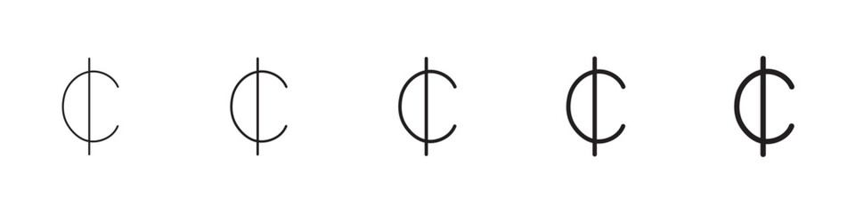 Cedi sign icons in black outline, solid and colored style