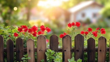 A Wooden Fence with Vibrant Red Flowers