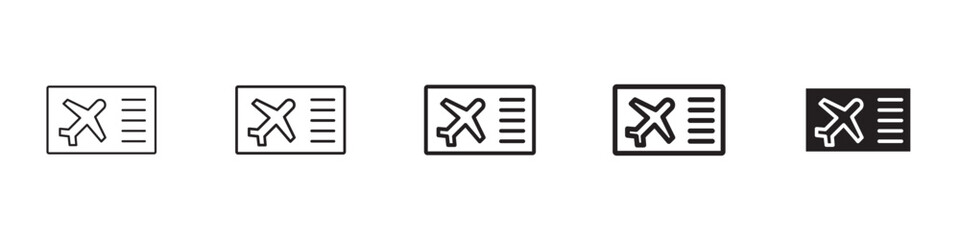 Ticket airline icons in black outline, solid and colored style