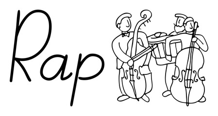 Vector Musical ensemble with string bass and cello performs alongside the word Rap.