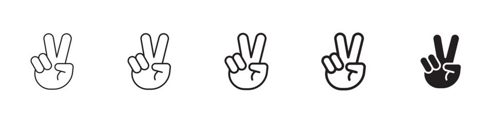 Hand peace icons in black outline, solid and colored style