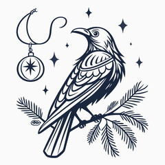 Elegant crow perched on pine branch with ornament