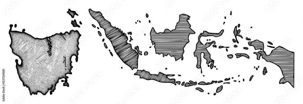Poster Vector Detailed of Tasmania and Indonesian archipelago maps with textured vector shapes.