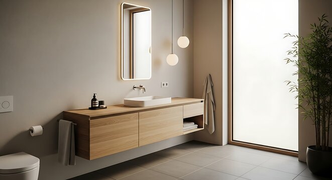 Modern bathroom interior with wooden vanity and illuminated mirror creating a serene ambiance