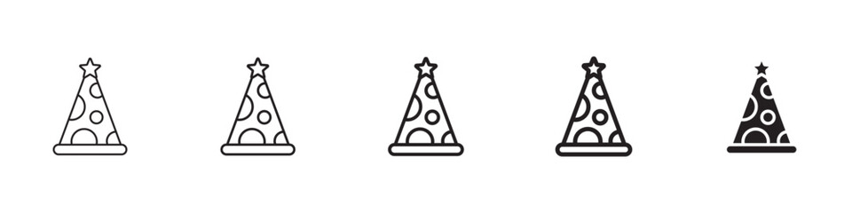 Birthday hat icons in black outline, solid and colored style