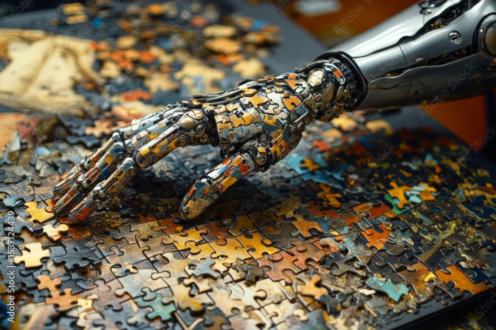 Poster metal robotic hand placing puzzle pieces, demonstrating problem-solving skills and artificial intell