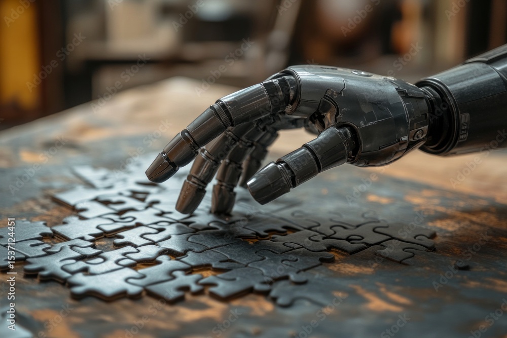 Poster robotic arm placing puzzle pieces on a wooden table, demonstrating artificial intelligence and probl