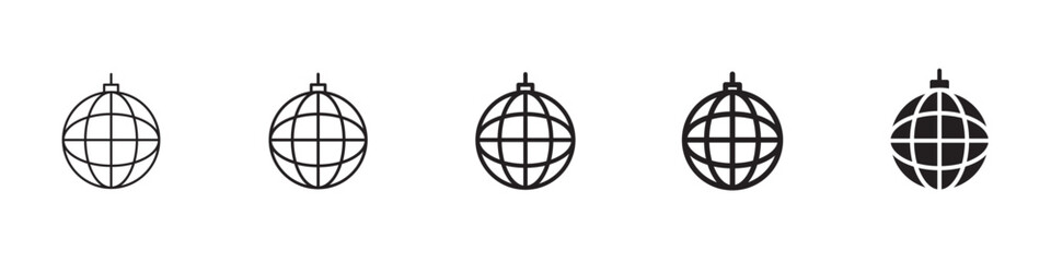 Disco ball icons in black outline, solid and colored style