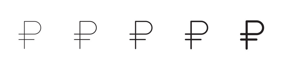 Ruble icons in black outline, solid and colored style