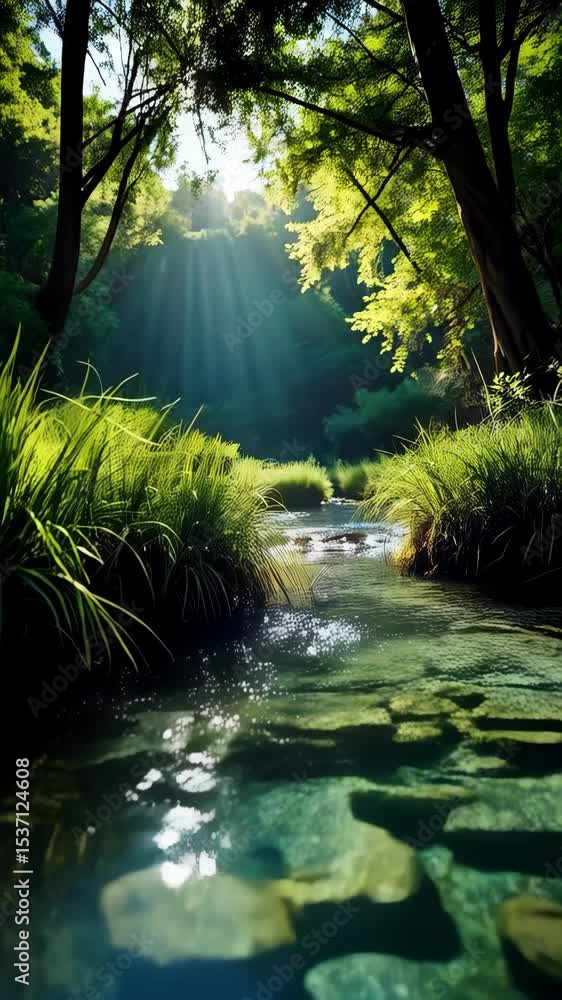 Aufkleber sunlight filters through trees onto a pristine stream with clear water and rocks in a peaceful green