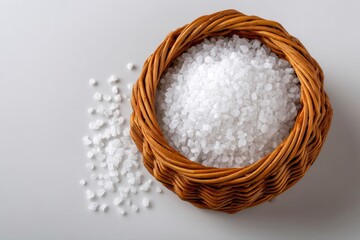 Salt crystals fill a wicker basket with some spilled on a gray background