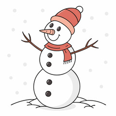 Happy snowman in red hat and scarf winter snow