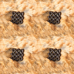 Seamless 4k photo texture of light brown fur creased disheveled material with bronze elements.