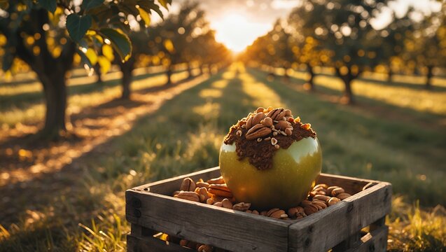 Apple Treat with Nuts in Orchard Setting at Sunset Time