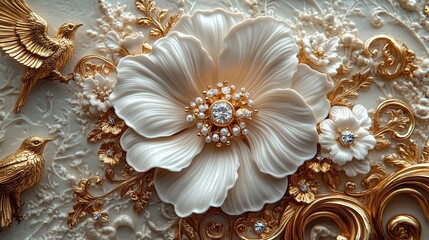 Opulent Floral Splendor: Exquisite White & Gold Patterns with Intricate Details – A Masterpiece of Ornate Design and Elegant Motifs