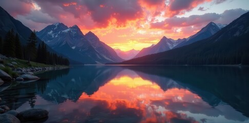 Serene alpine lake reflecting fiery sunset, majestic mountains , illustration, scene, evening