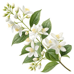 Elegant White Jasmine Bouquet Illustration Delicate Blooms and Lush Green Leaves on a Clean White Background